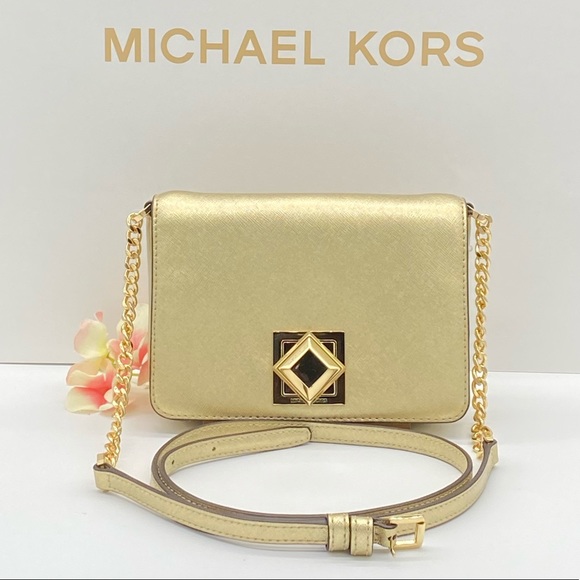 Michael Kors Handbags - MICHAEL KORS LUNA SMALL CLUTCH XBODY PALE GOLD